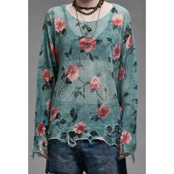 NWT~R13 Boyfriend Linen Sweater with Cast-off Neck in Blue Floral Size S - Picture 1 of 6